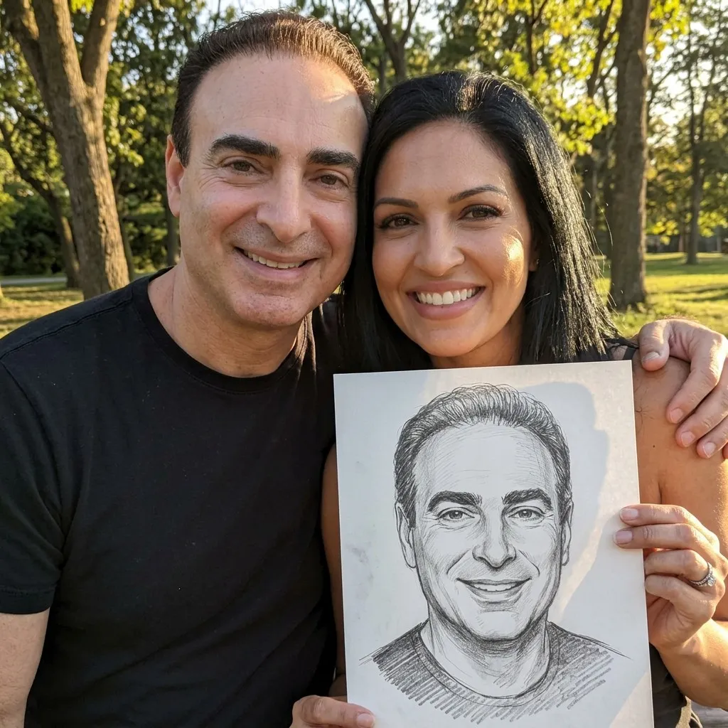 Customer holding a hand-drawn Eva Bloom Soulmate Sketch portrait outdoors in a park