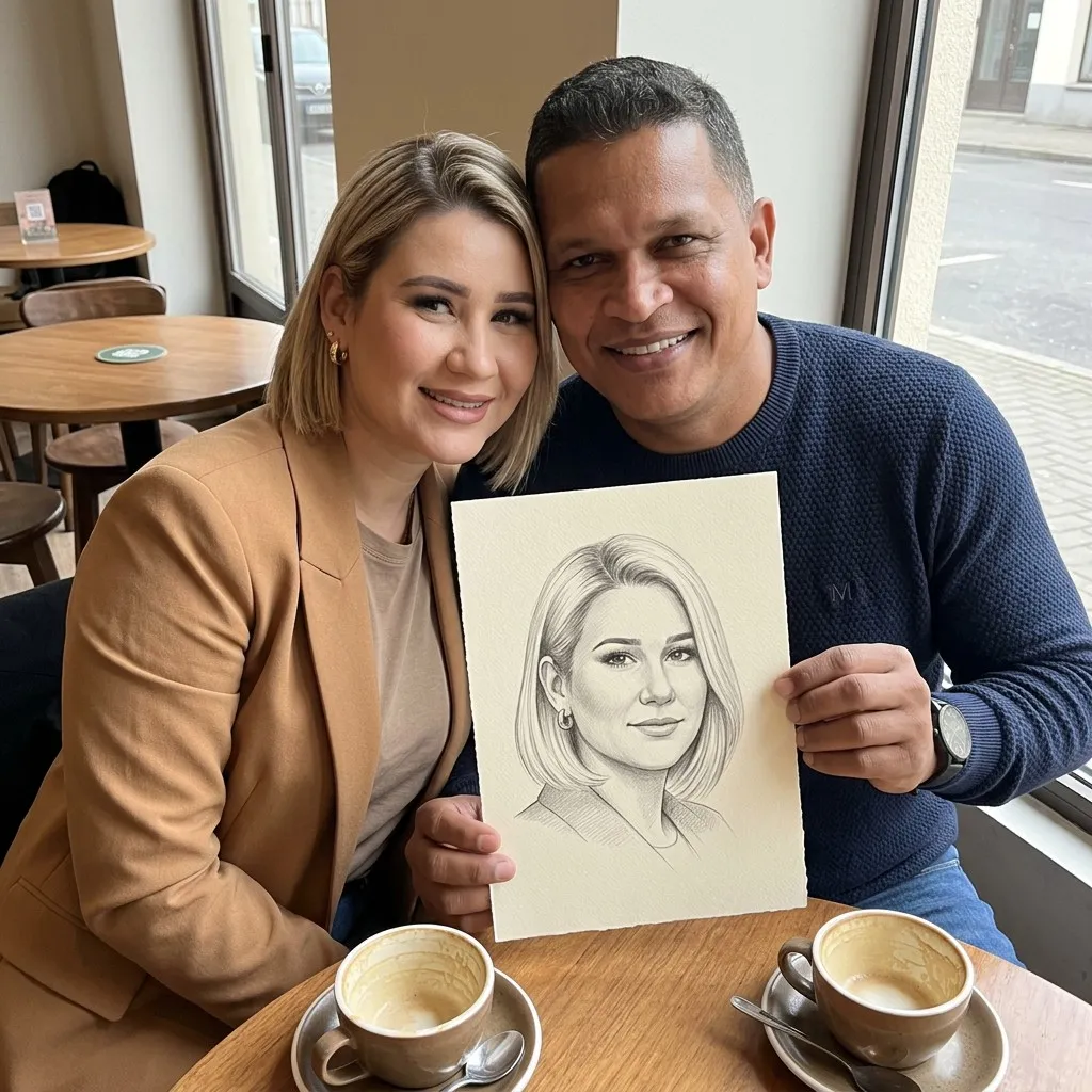 Customer holding a hand-drawn Eva Bloom Soulmate Sketch portrait in a cafe